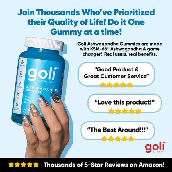 A 1:1 format ad showcasing Ashwagandha Gummy bottles with prominent 5-star customer reviews and clear, benefit-oriented text.